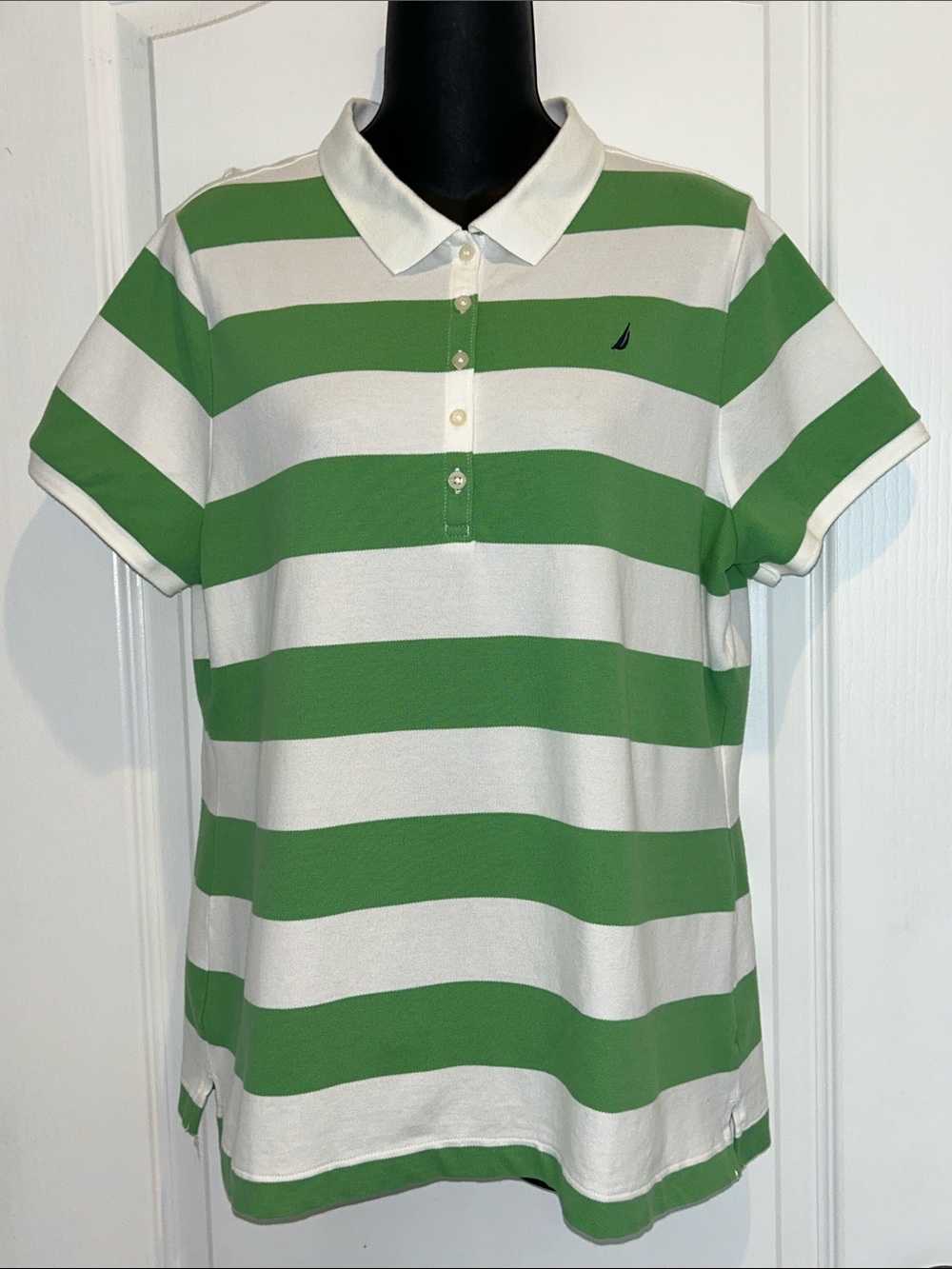 VTG 2009 Nautica Women's Striped Polo Shirt Green White Short Sleeve‎ Size XL